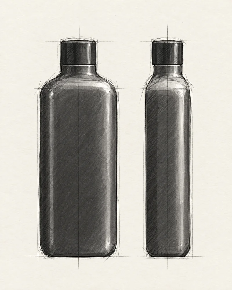 Concept study: front and side sketches of the black Forma pura bottle