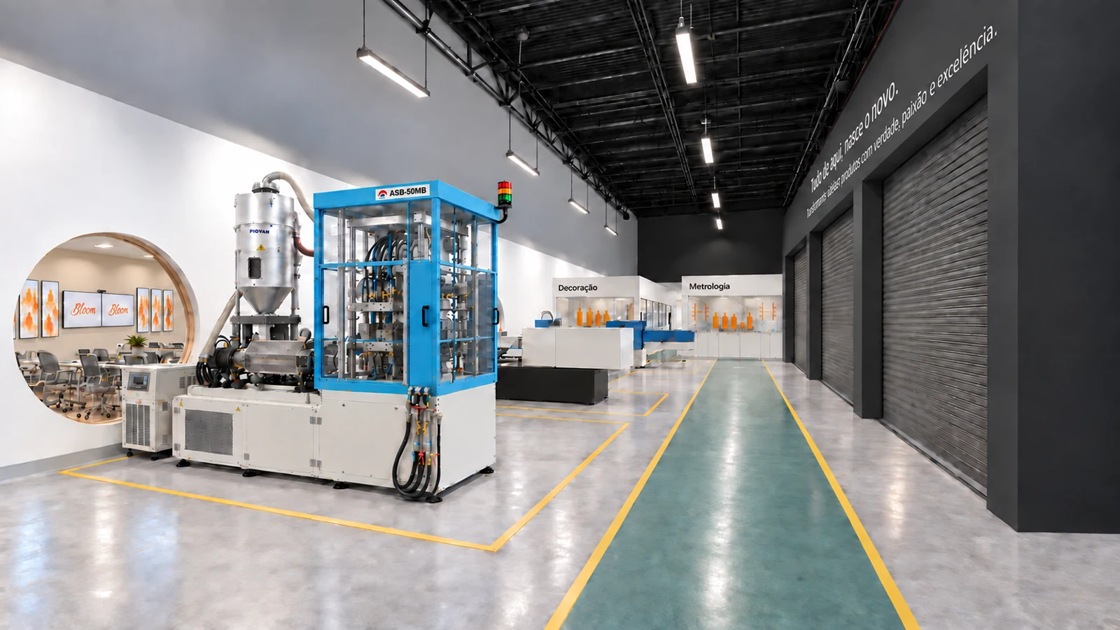 Bloom pilot facility visualization: blue Nissei equipment, green aisle and technical areas in the background