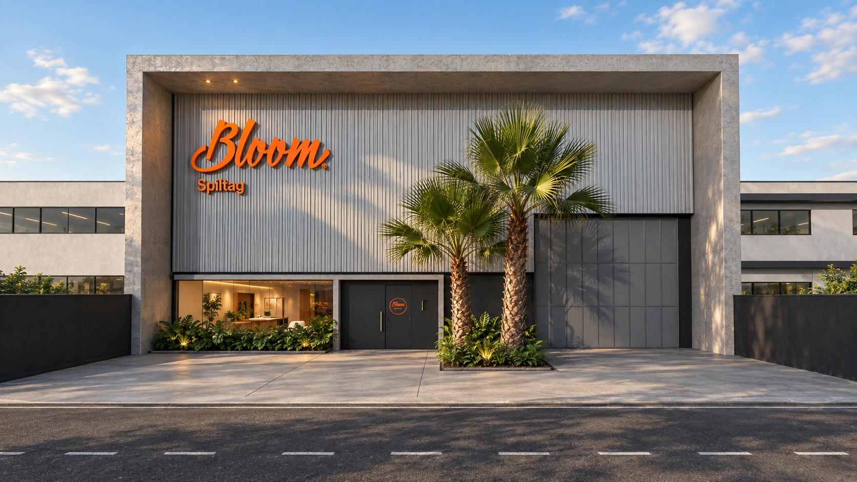 Architectural rendering of Bloom’s facade, with orange branding, palm trees and an illuminated entrance
