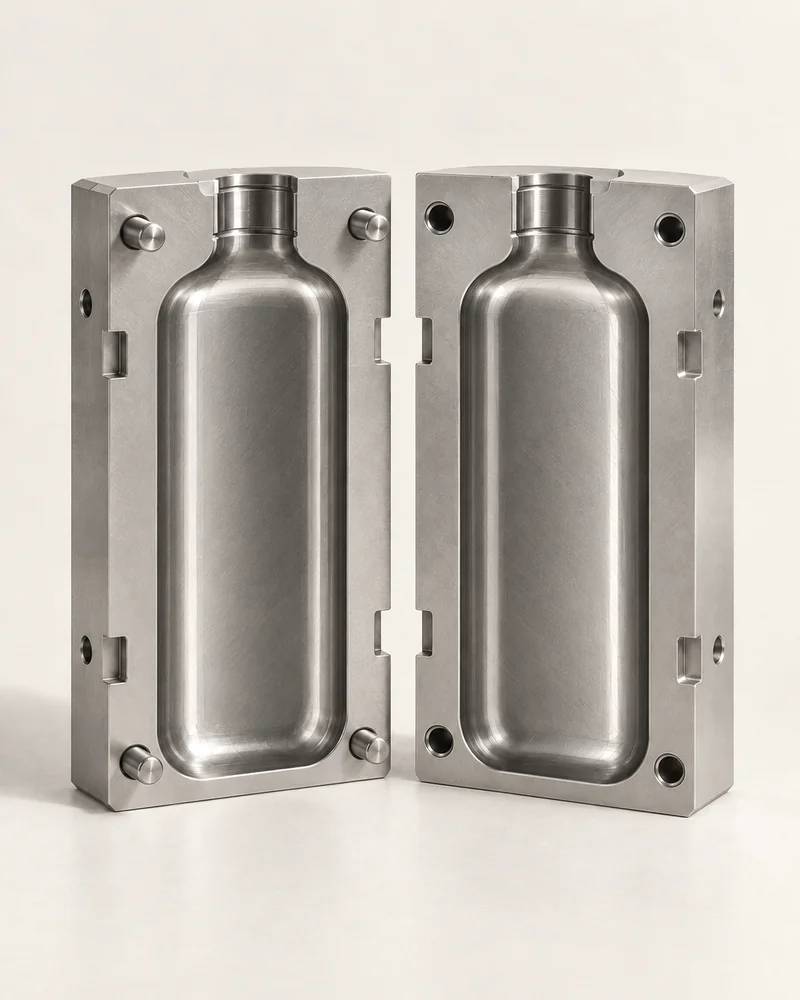 Conceptual tooling study: open mold with two cavities matching the body of the Forma pura bottle, without its cap