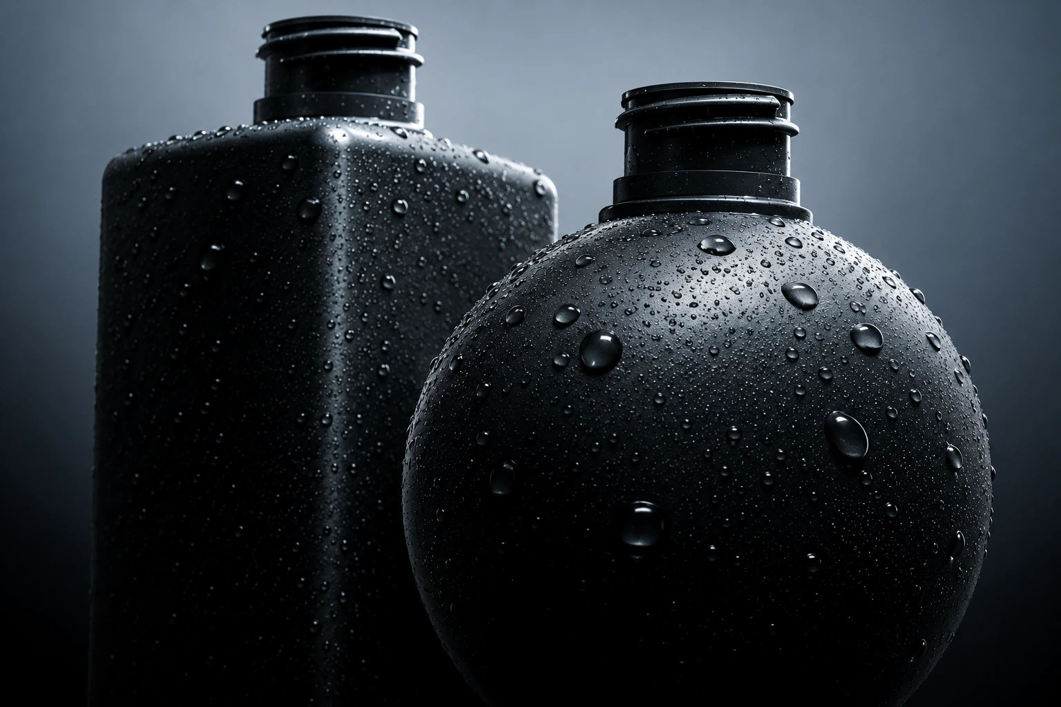 Concept study: spherical and rectangular bottles reinterpreted in a graphite finish, with lighting and water droplets